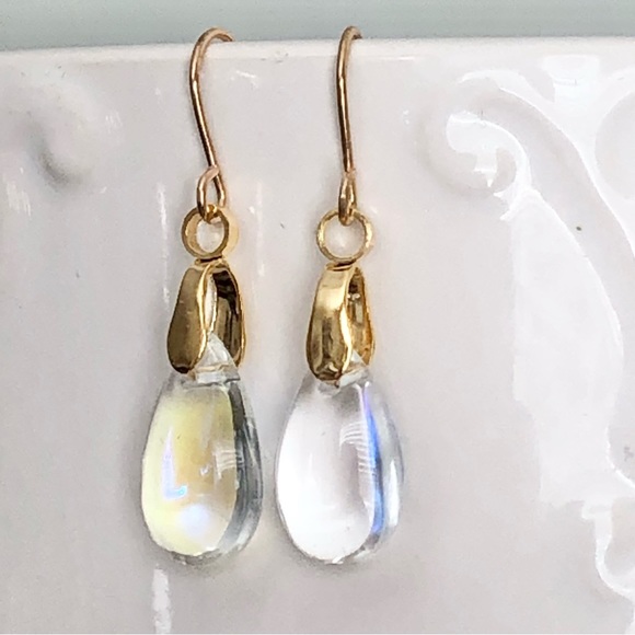 New Handmade Water Droplet Dangle Drop Teardrop Earrings Clear Glass Shine pearl - Picture 3 of 8